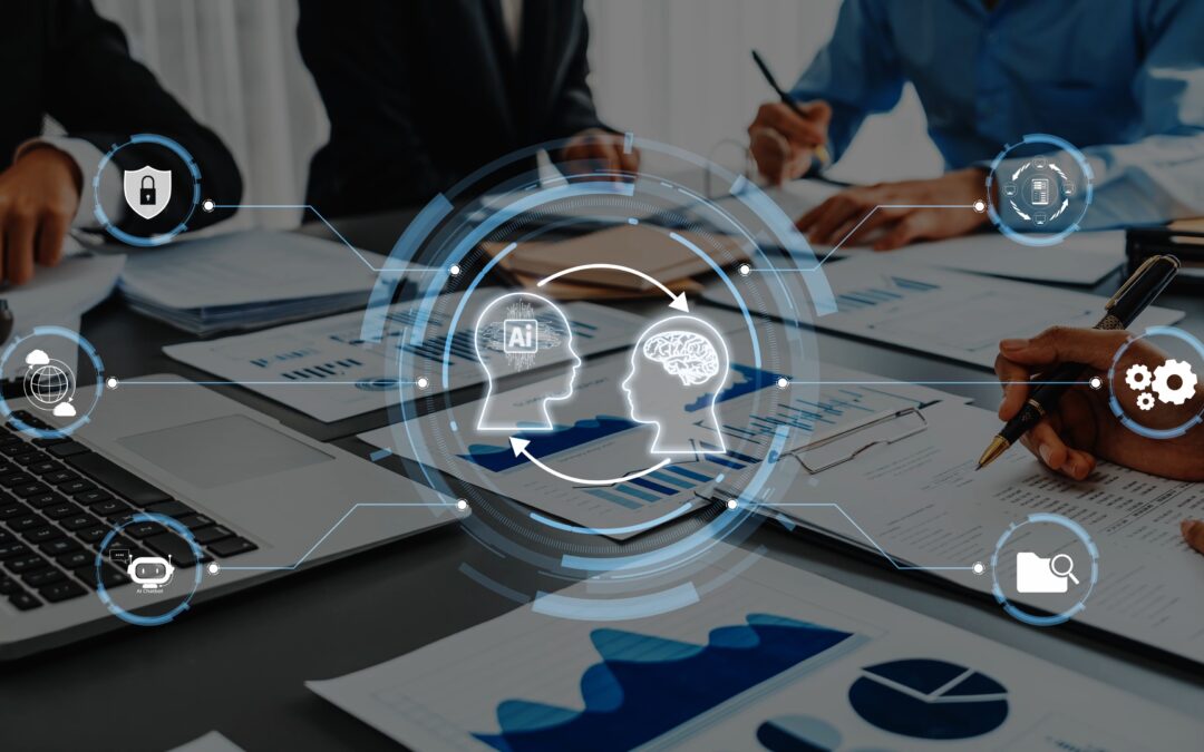 Overhead view of a meeting with holographic AI and brain icons illustrating artificial intelligence and collaboration.