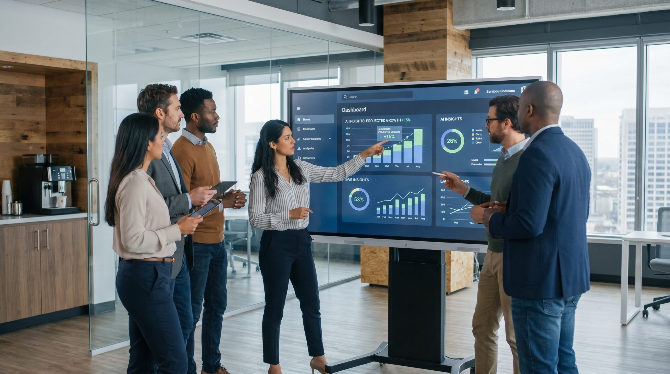 A diverse team of business professionals collaborating and analyzing data on a large interactive screen in a modern office environment. Data products vs data projects and why the mindset changes the value of data