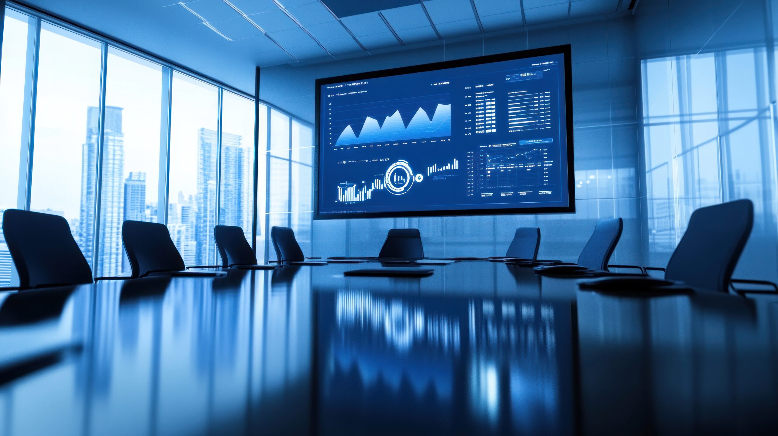 Modern conference room with a large screen displaying data analytics and graphs. In the age of AI, is the traditional BI dashboard dead