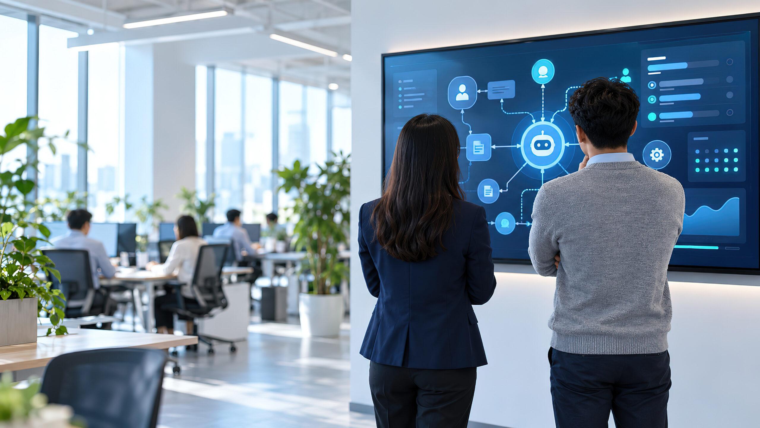Colleagues seen from behind in a bright modern office watching a wall display with an abstract AI agent workflow dashboard, operations team monitoring automation Practical ways data teams can reduce cloud costs without limiting innovation Leejay Bell, Senior Data Engineer at PBT Group